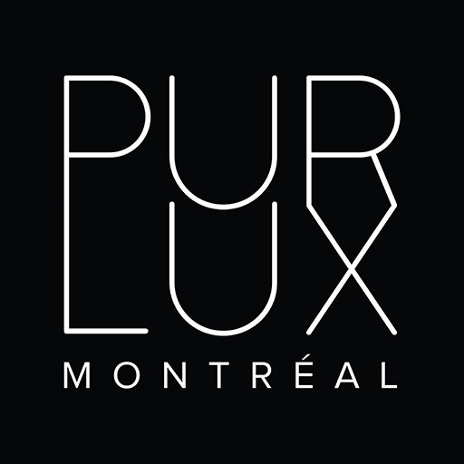 Purlux Montreal white logo on black background.